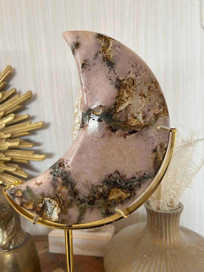 【天然石 モスアゲート｜月型オブジェ｜インテリアに最適】