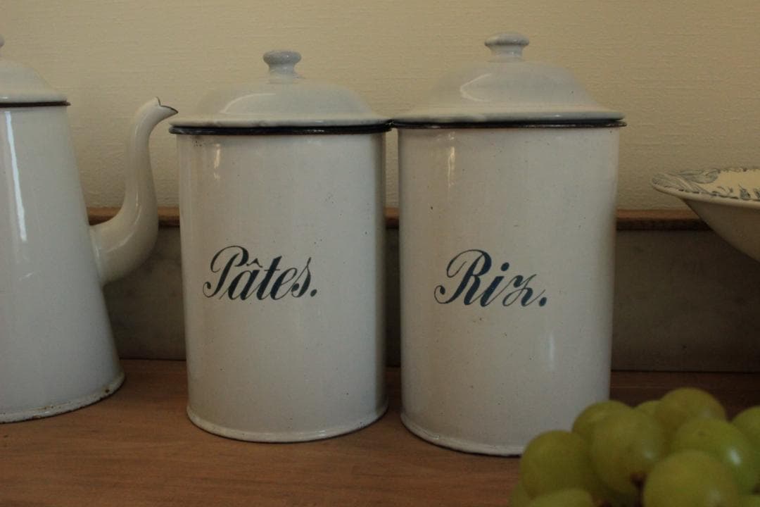 フランスアンティーク・ペアのエナメルキャニスター/パスタ・お米入れ