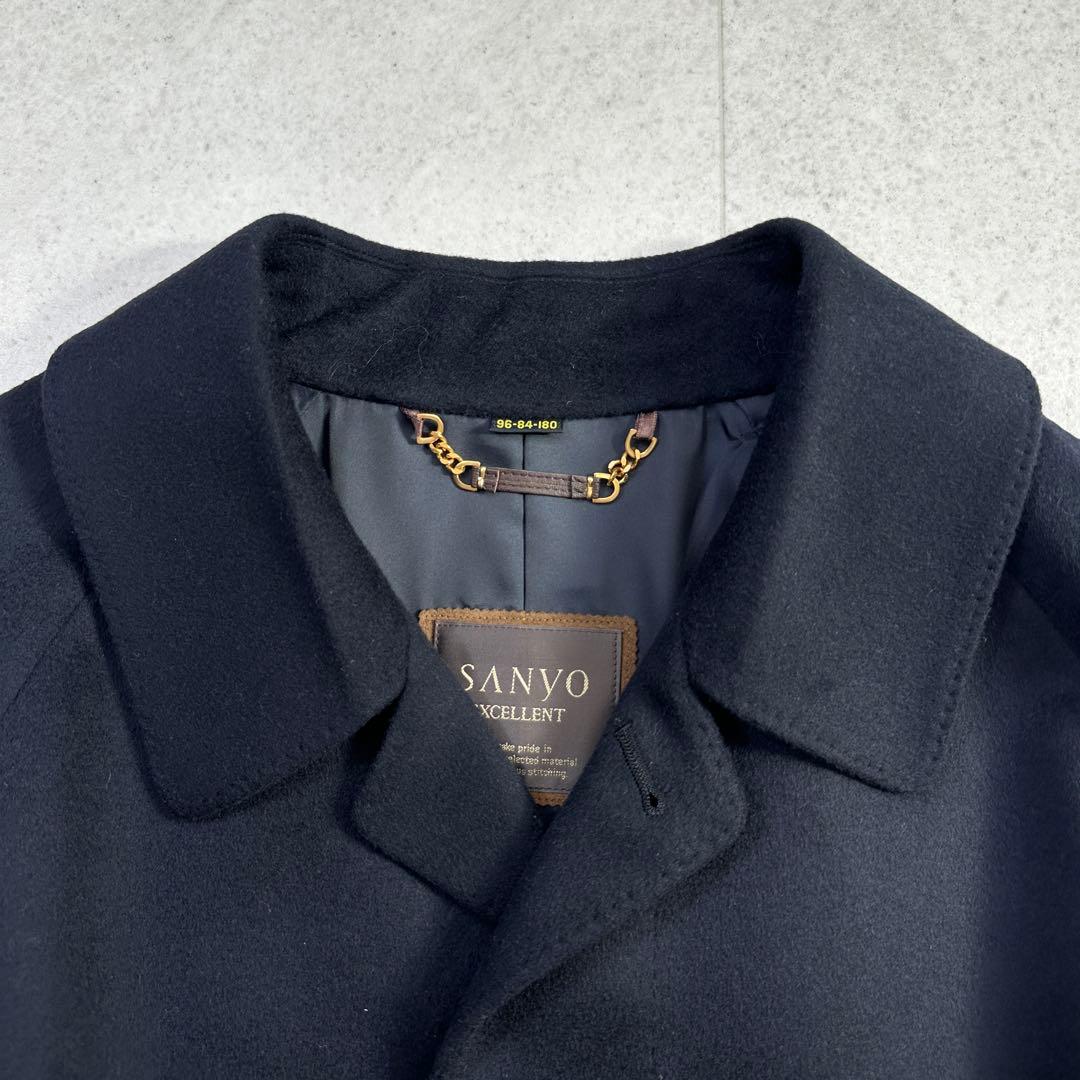美品 大きいサイズ【SANYO】カシミヤ ウール ステンカラーコート 比翼 紺