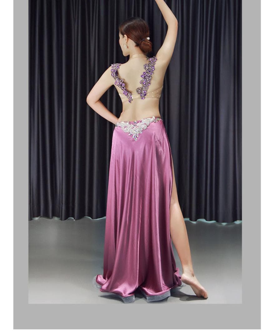 ベリーダンス衣装 ベロア調ビジュー ロングスカートピンク舞台ステージ用
