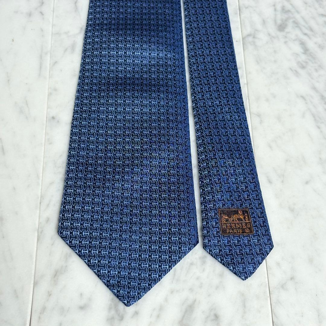 HERMES ネクタイ ブルー ネイビー H柄 パターン柄 ファソネ