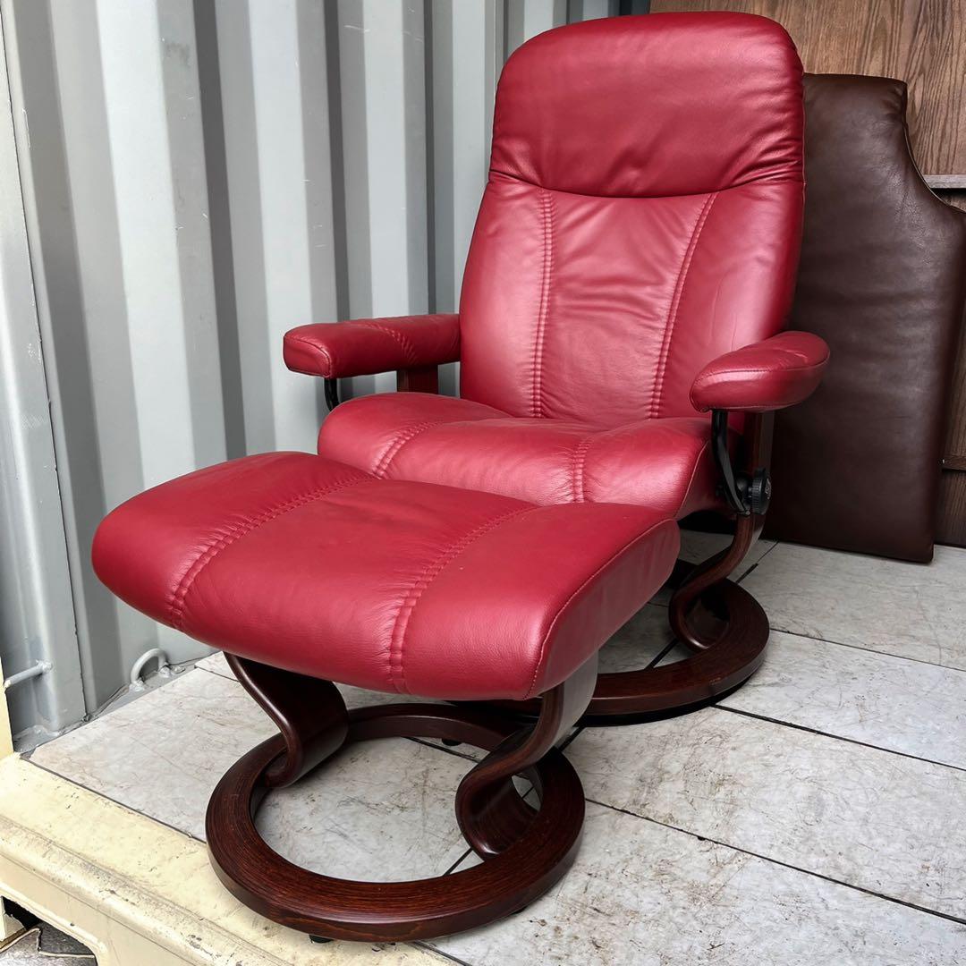 取付無料！エコーネス ストレスレス コンサル M 本革レッドリクライニングソファ