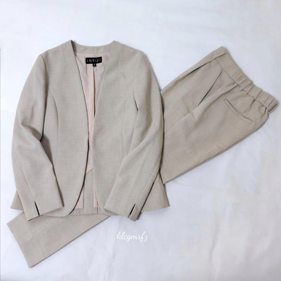 美品 INDIVI 洗える リバー 二重織 ノーカラー ジャケット セットアップ