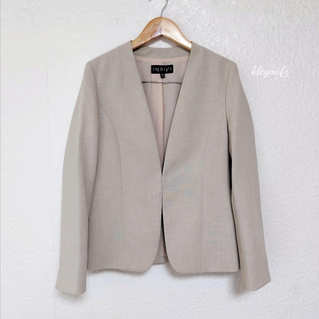 美品 INDIVI 洗える リバー 二重織 ノーカラー ジャケット セットアップ