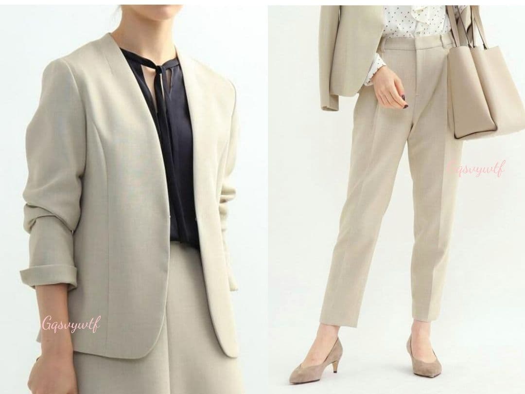 美品 INDIVI 洗える リバー 二重織 ノーカラー ジャケット セットアップ