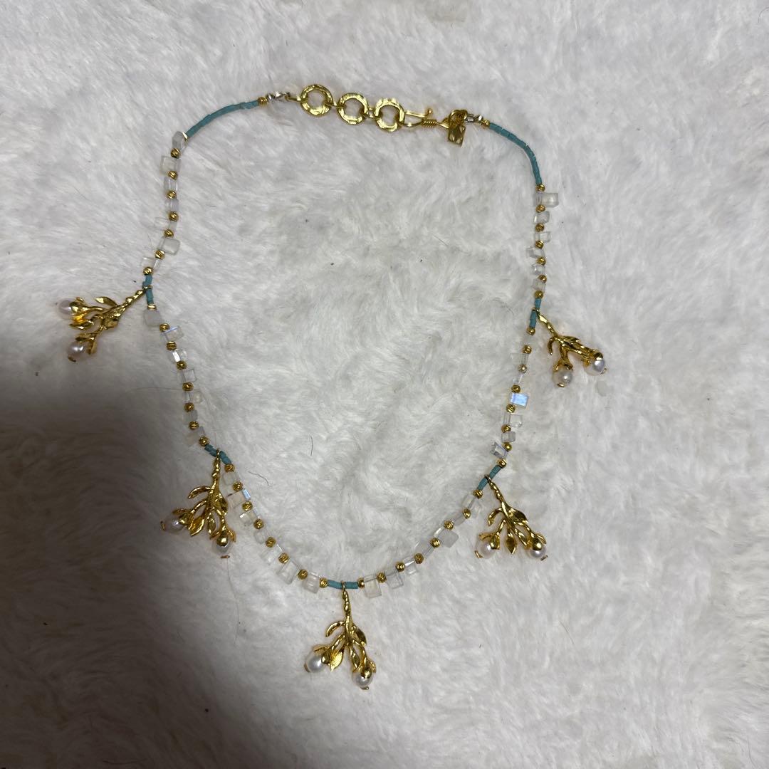 ハンドメイド ゴールド葉チャームアンクレット天然石