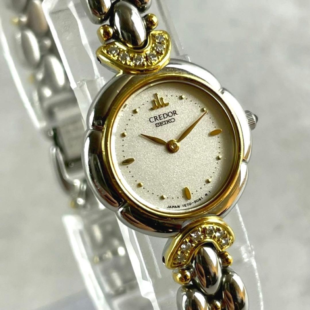 稼働✨SEIKO CREDOR 18KT 天然ダイヤ12P レディース腕時計