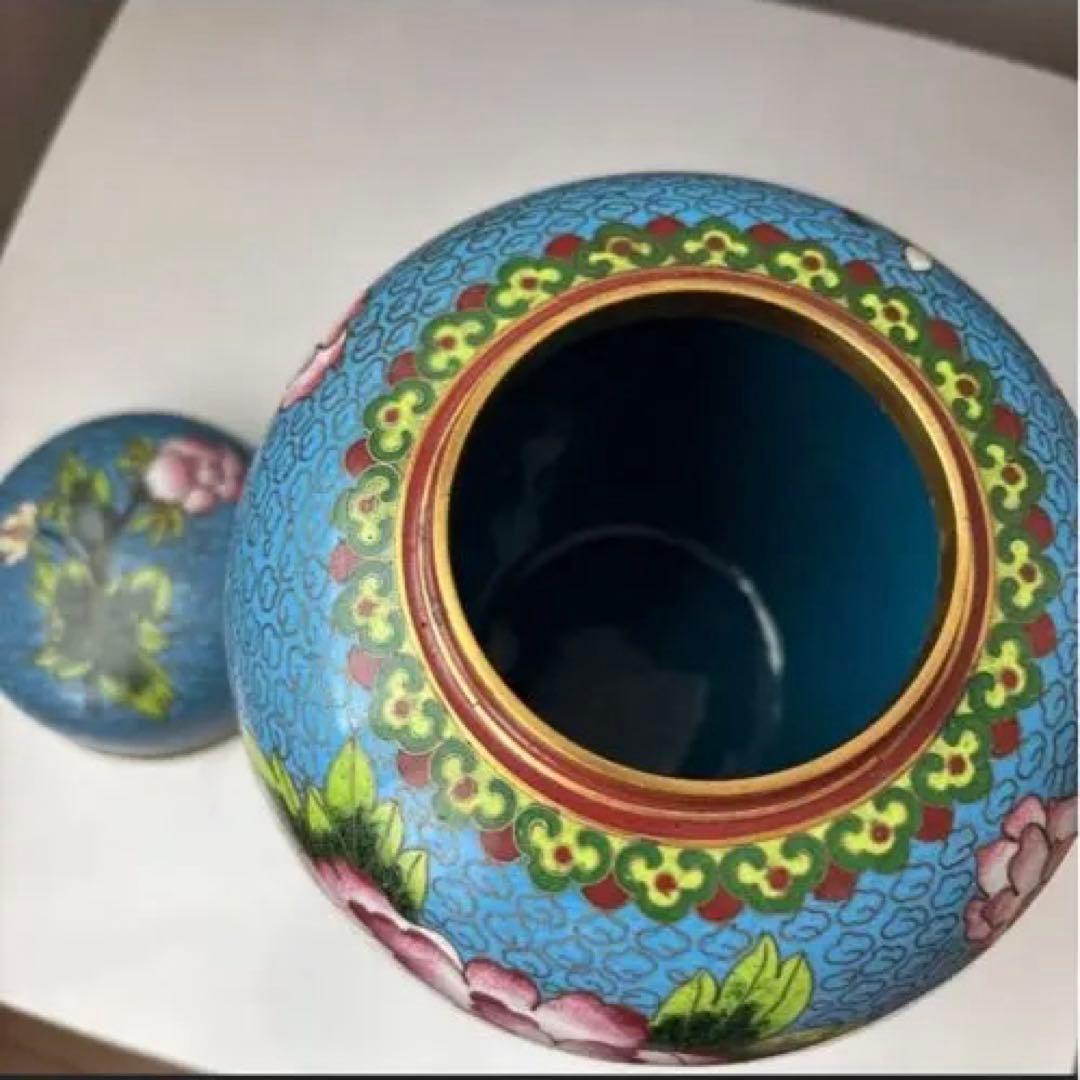 青色 花柄 蓋付き壺 中型　花瓶　インテリア