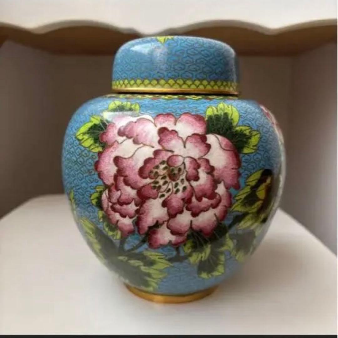 青色 花柄 蓋付き壺 中型　花瓶　インテリア