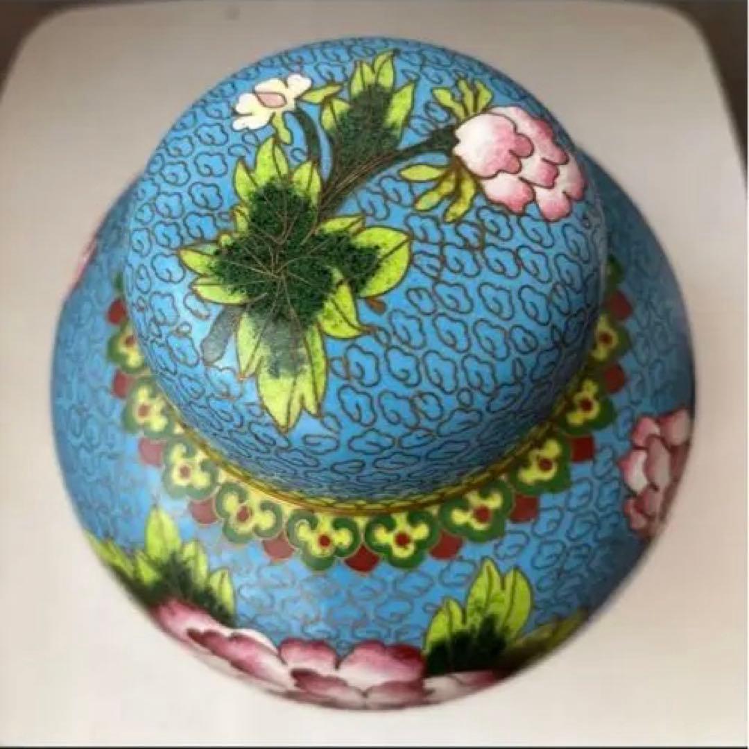 青色 花柄 蓋付き壺 中型　花瓶　インテリア