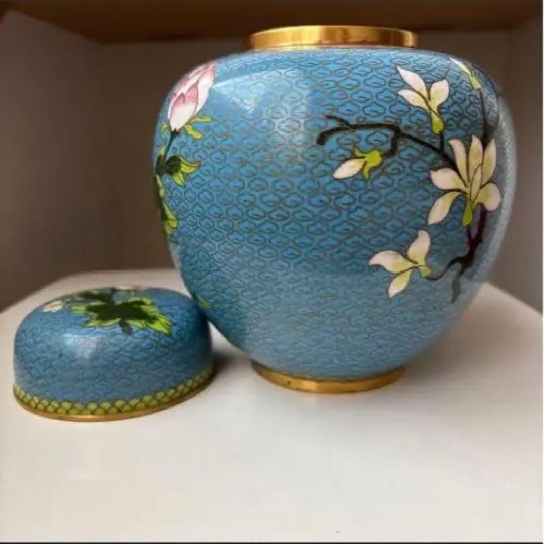 青色 花柄 蓋付き壺 中型　花瓶　インテリア