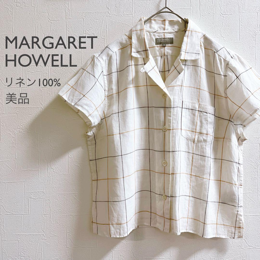 マーガレットハウエル【美品】リネン ピンチェック オープンカラーシャツ 半袖