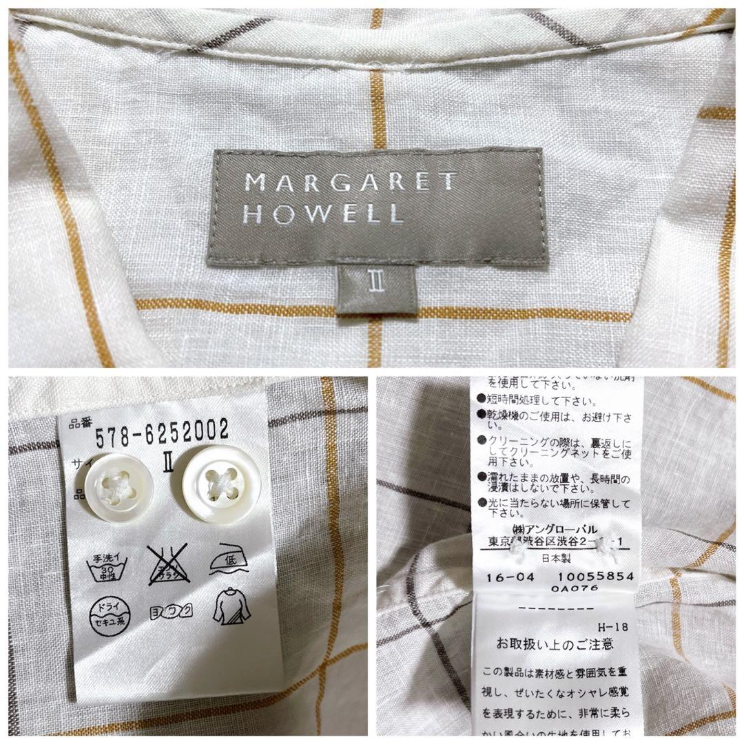 マーガレットハウエル【美品】リネン ピンチェック オープンカラーシャツ 半袖