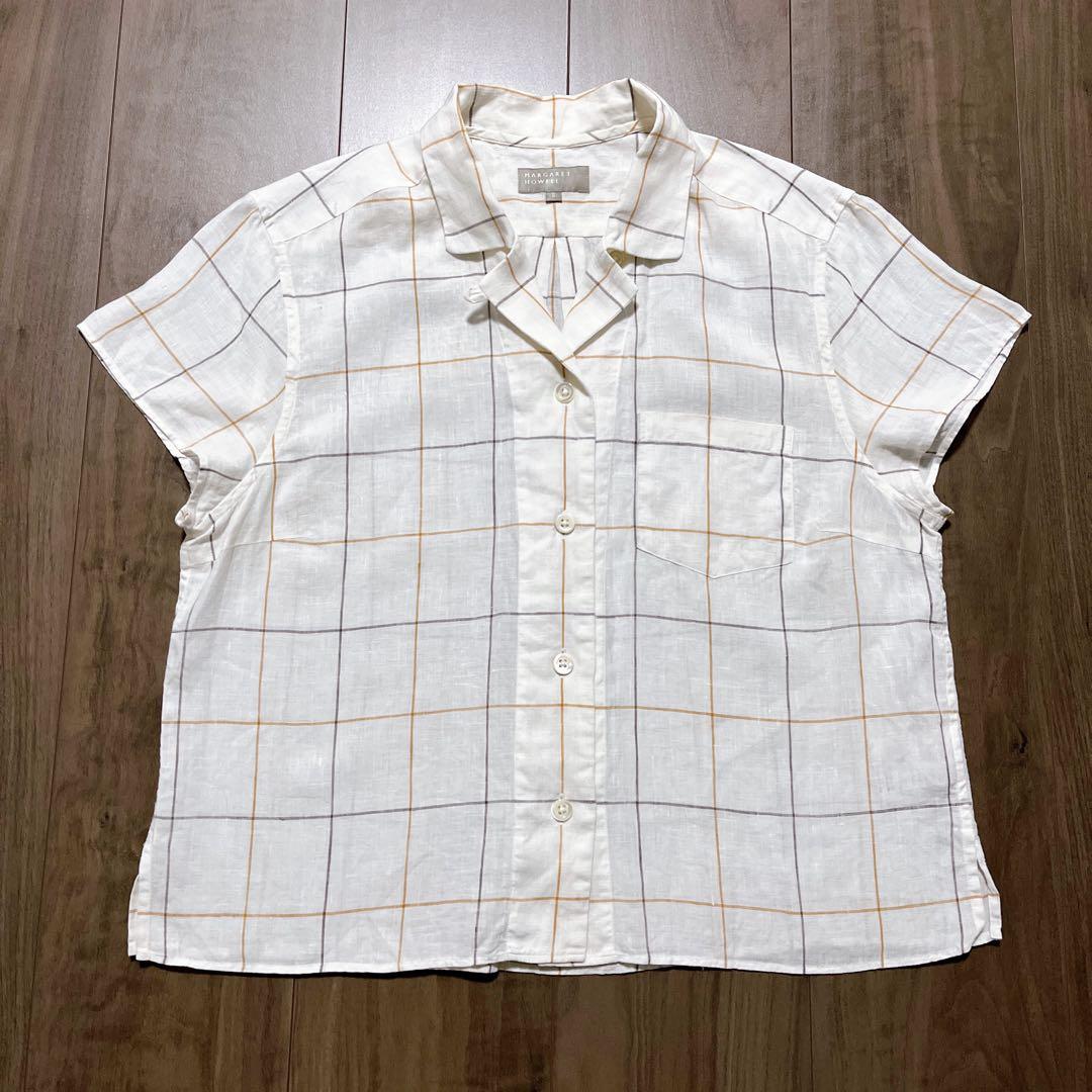マーガレットハウエル【美品】リネン ピンチェック オープンカラーシャツ 半袖