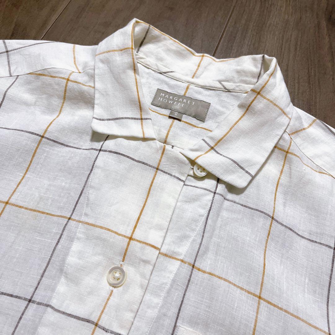 マーガレットハウエル【美品】リネン ピンチェック オープンカラーシャツ 半袖