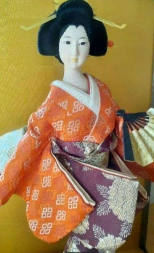 日本人形 舞扇 ガラスケース付き 昭和アンティーク雑貨インテリア 芸子 日本舞踊