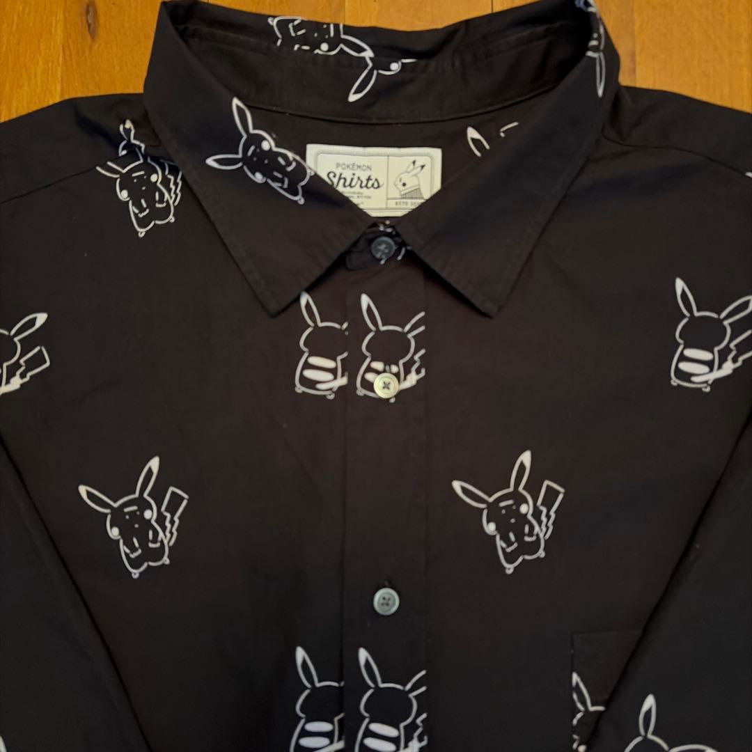 【希少】ポケモンシャツ ピカチュウ 総柄 長袖シャツ ワイド　ブラック　M