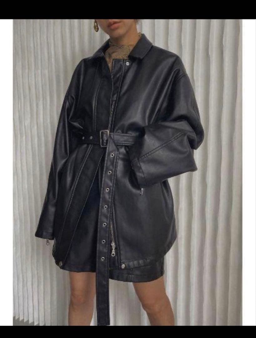 ブラックレザーコート ベルト　シングルライダース　ダブル　ベルテッド