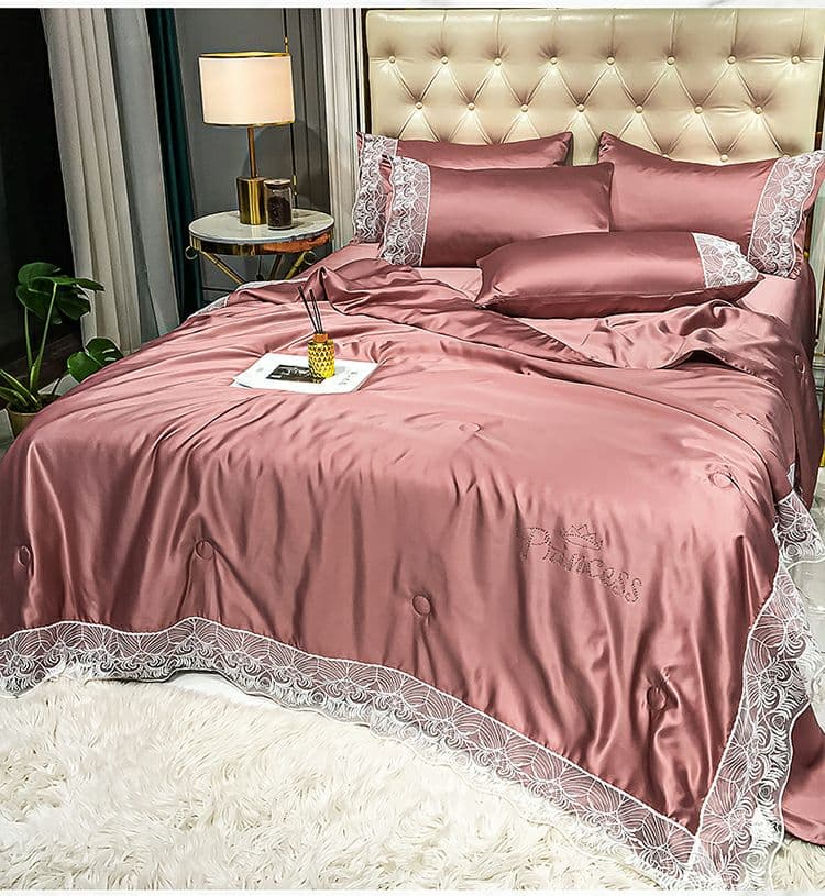 夏のアイスシルクエアコンキルトシルクスリップ4ピースダブルベッドセット