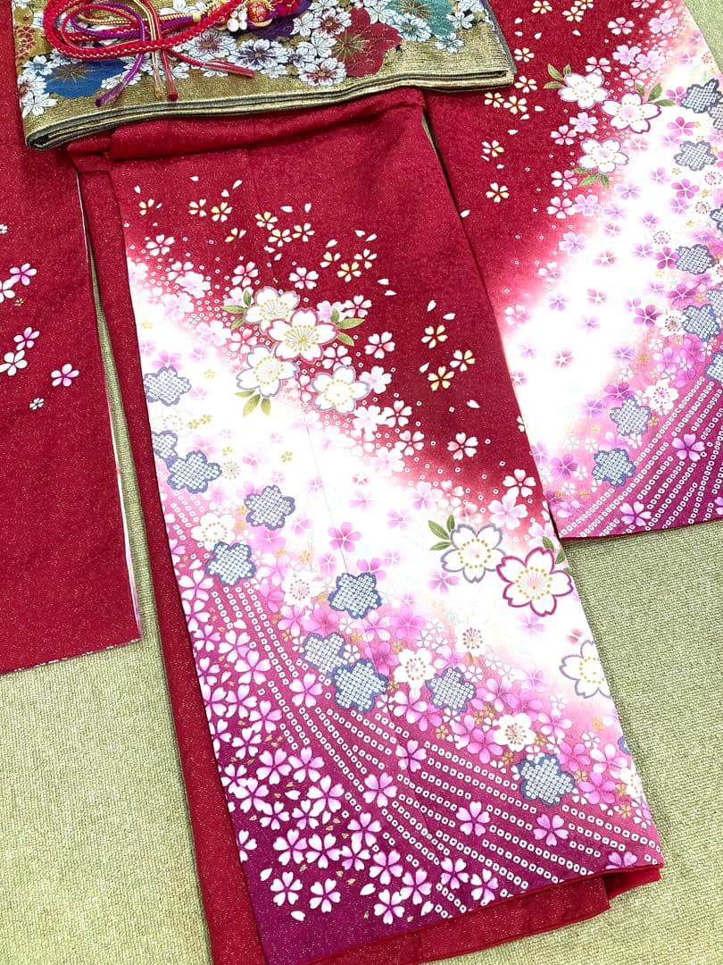 振袖フルセット 7点セット 赤色 振袖袋帯長襦袢重ね衿刺繍半衿帯締帯揚