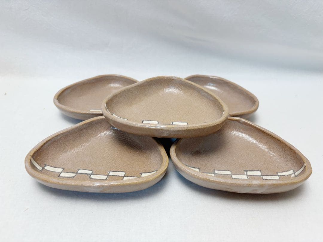 未使用 茶道具 赤織部 貝型小皿 銘々皿 陶印 5枚組 取り皿 在銘 共箱