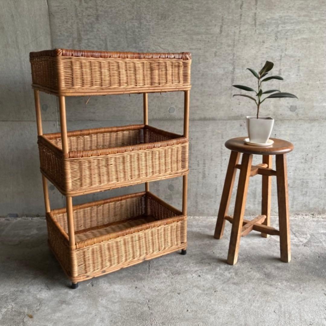 籐 ラタン 3段 収納 ラック 脱衣籠 バスケット スタンド 大型 レトロ