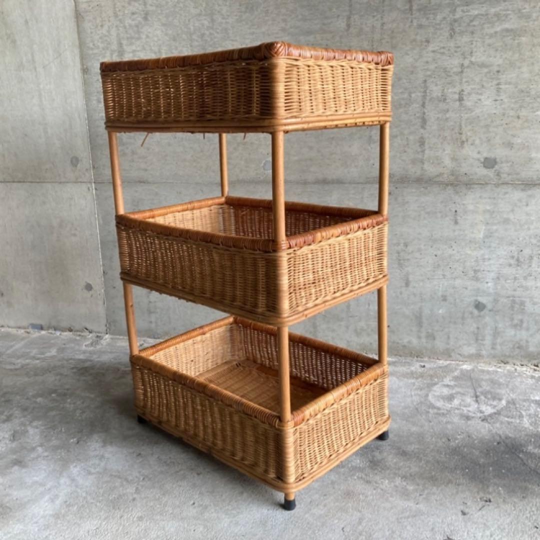 籐 ラタン 3段 収納 ラック 脱衣籠 バスケット スタンド 大型 レトロ