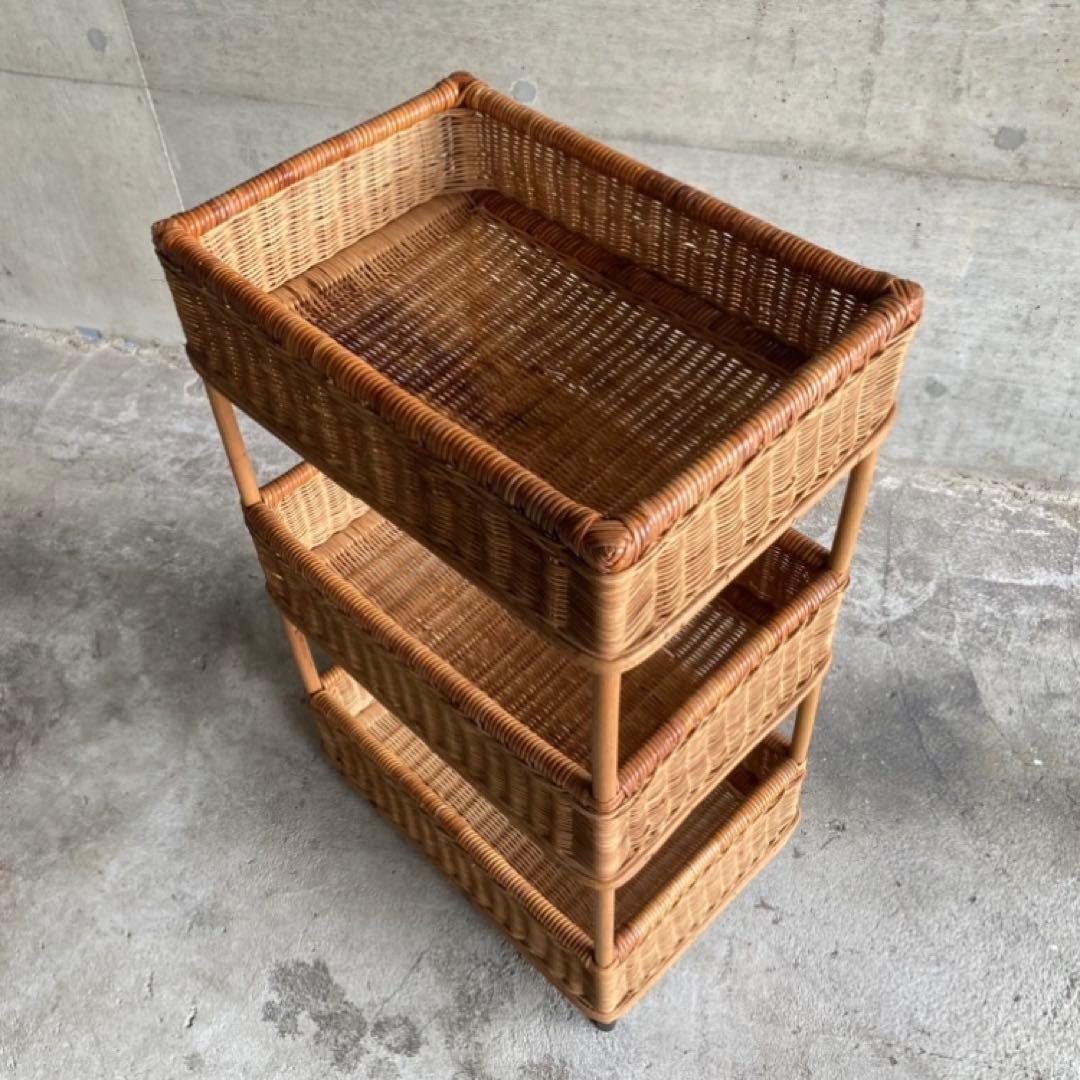 籐 ラタン 3段 収納 ラック 脱衣籠 バスケット スタンド 大型 レトロ
