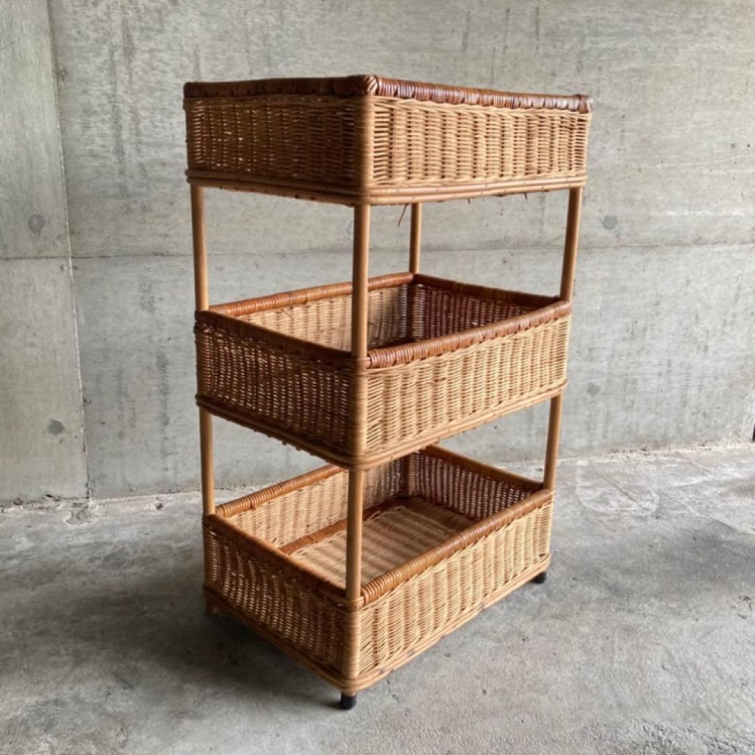 籐 ラタン 3段 収納 ラック 脱衣籠 バスケット スタンド 大型 レトロ