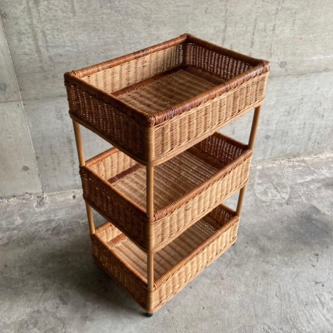 籐 ラタン 3段 収納 ラック 脱衣籠 バスケット スタンド 大型 レトロ