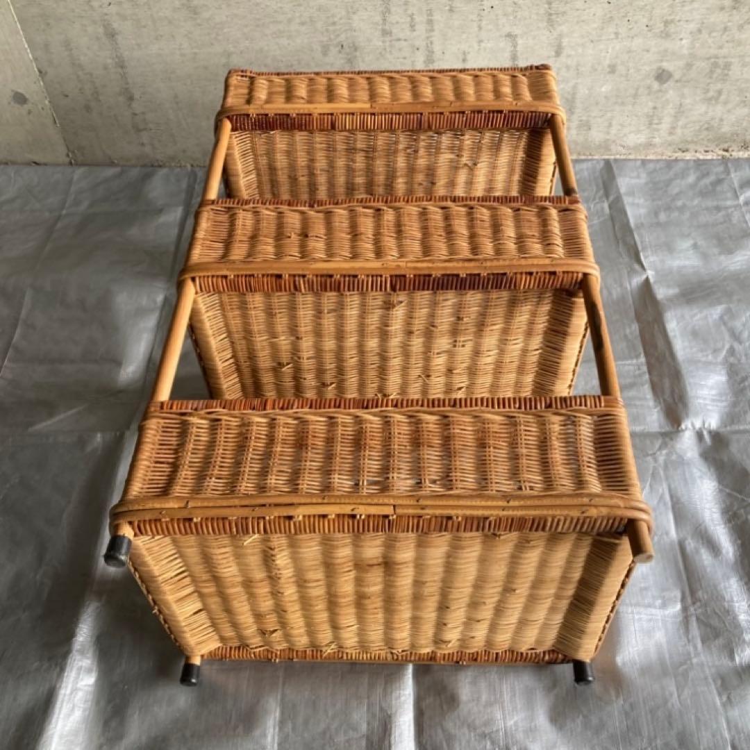 籐 ラタン 3段 収納 ラック 脱衣籠 バスケット スタンド 大型 レトロ