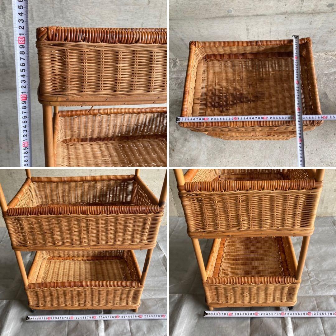籐 ラタン 3段 収納 ラック 脱衣籠 バスケット スタンド 大型 レトロ