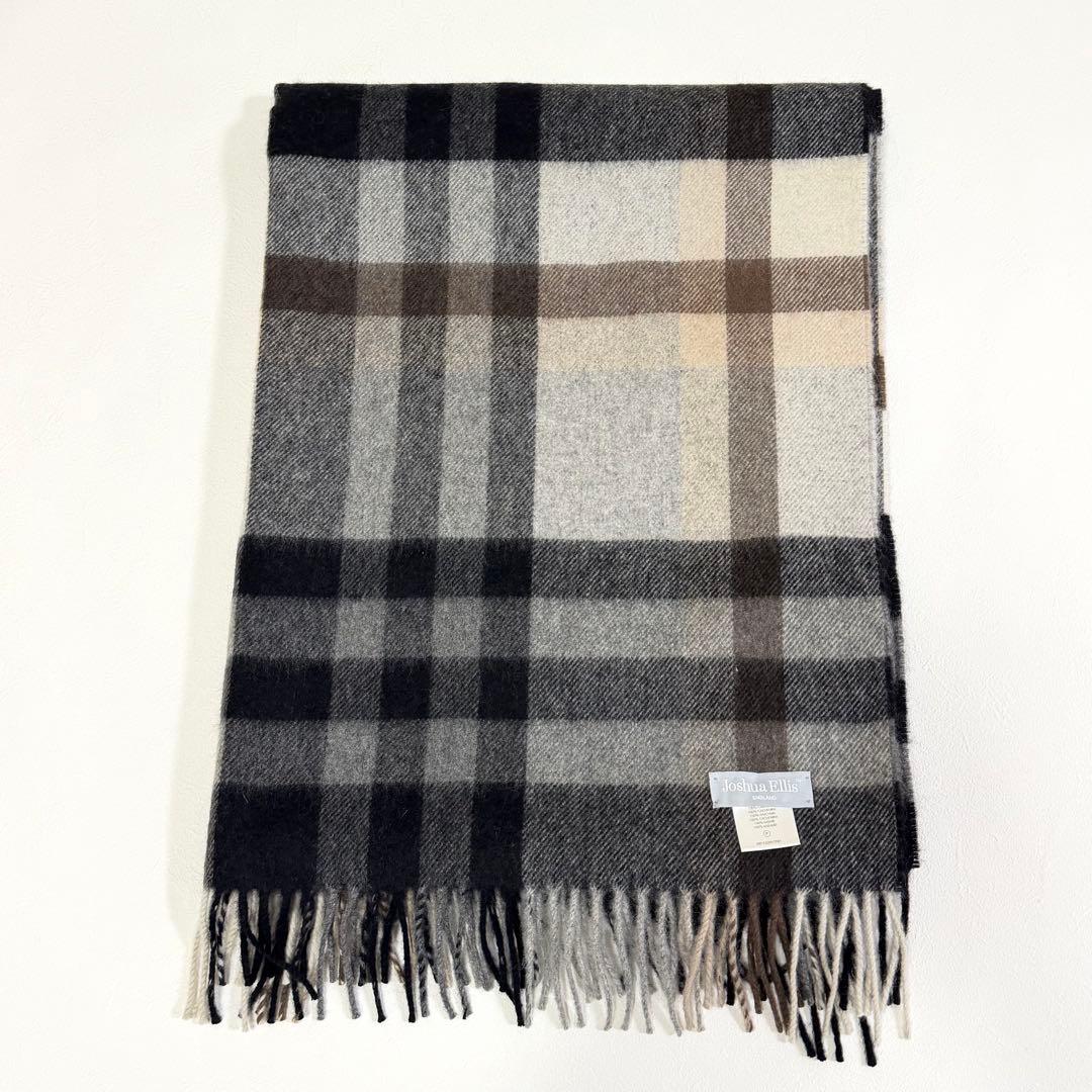 ジョシュアエリス 大判ストール マフラー カシミヤ100% チェック グレー
