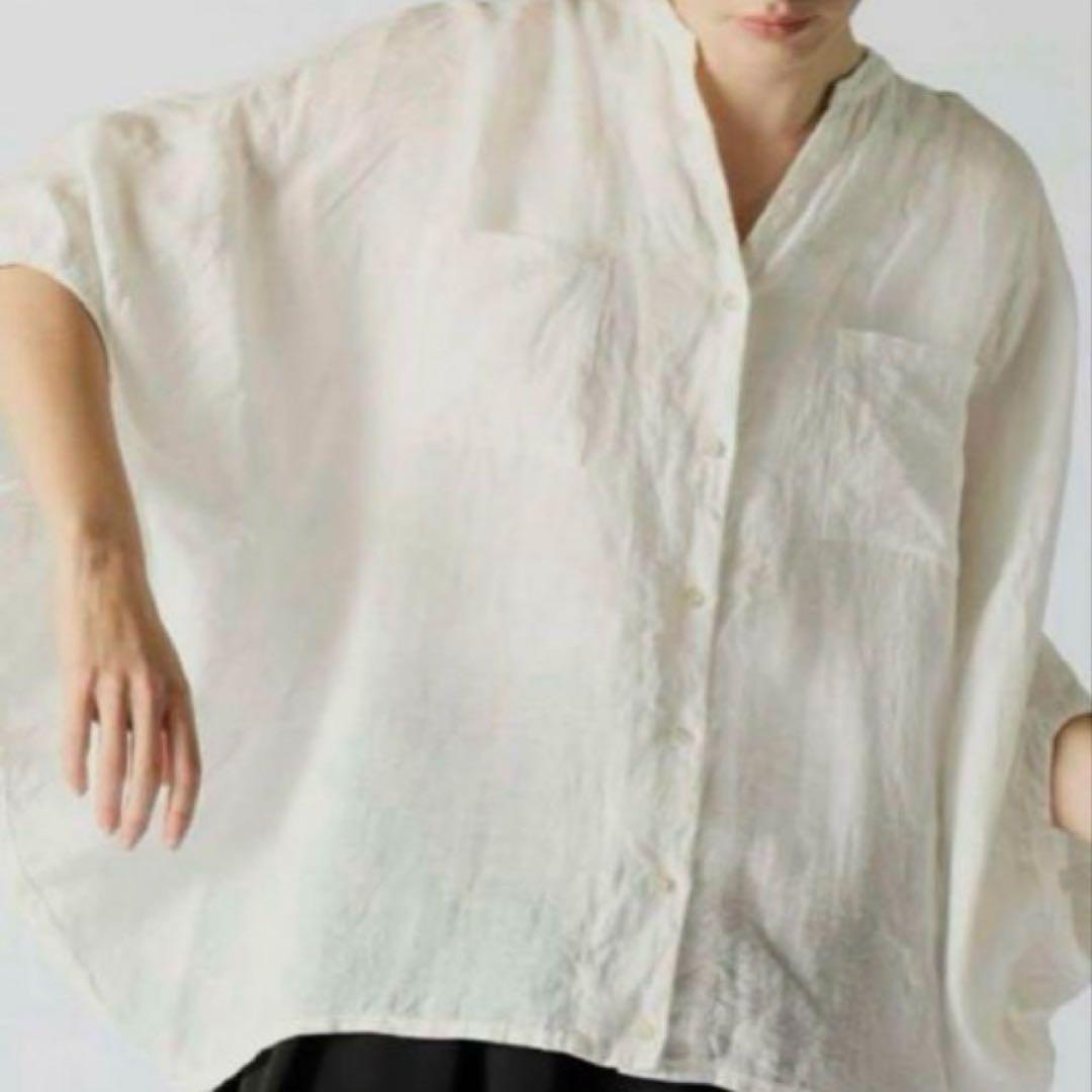 美品 ミズイロインド シャツ 半袖 スタンドカラー リネン 麻 日本製