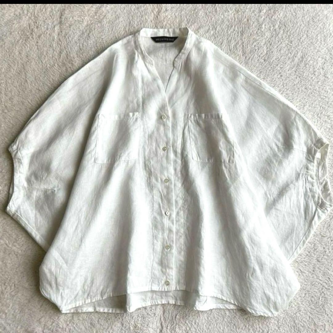 美品 ミズイロインド シャツ 半袖 スタンドカラー リネン 麻 日本製