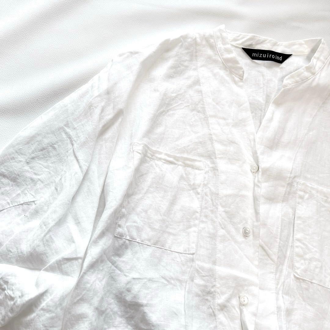 美品 ミズイロインド シャツ 半袖 スタンドカラー リネン 麻 日本製