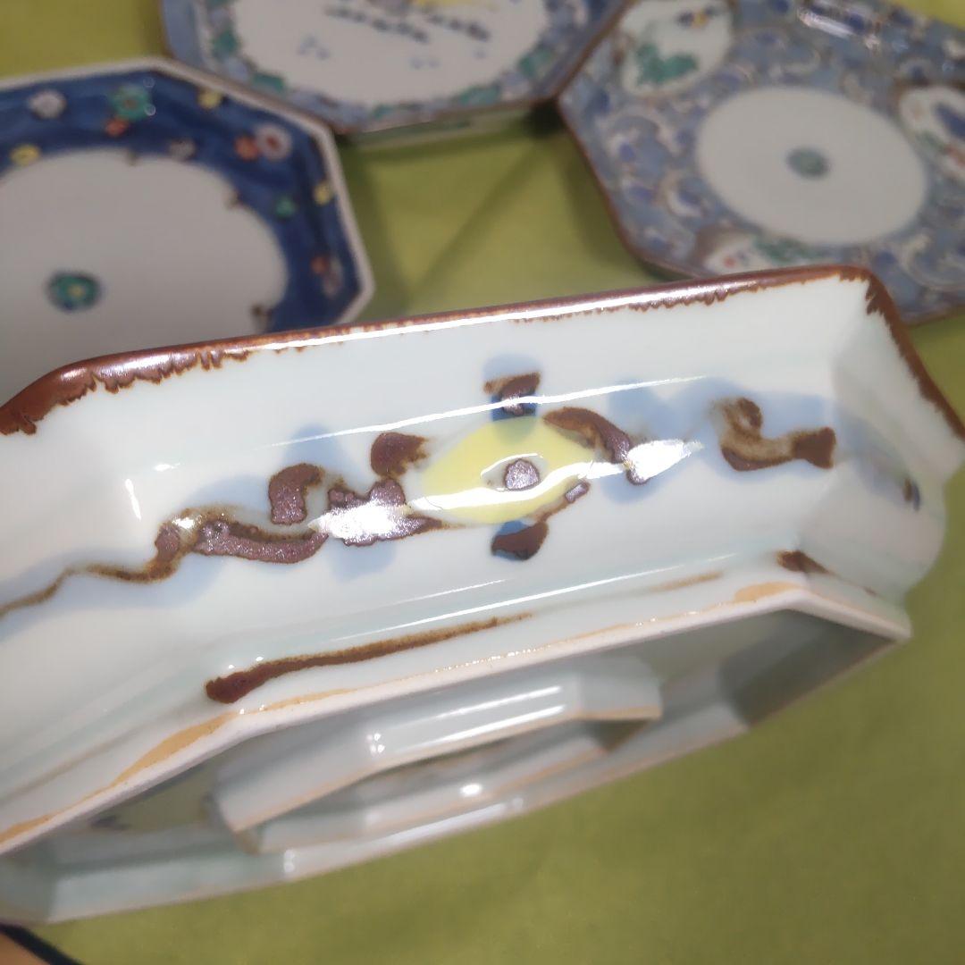 九谷焼 レア 絵変わり 4枚 皿 大皿 八角皿 染付 手描き 花鳥 唐草 色絵