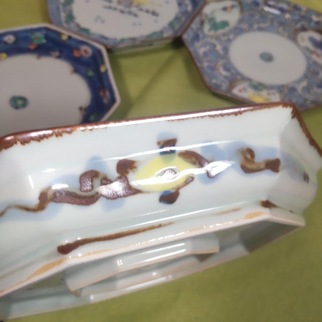 九谷焼 レア 絵変わり 4枚 皿 大皿 八角皿 染付 手描き 花鳥 唐草 色絵