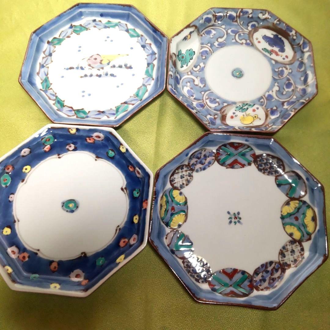 九谷焼 レア 絵変わり 4枚 皿 大皿 八角皿 染付 手描き 花鳥 唐草 色絵