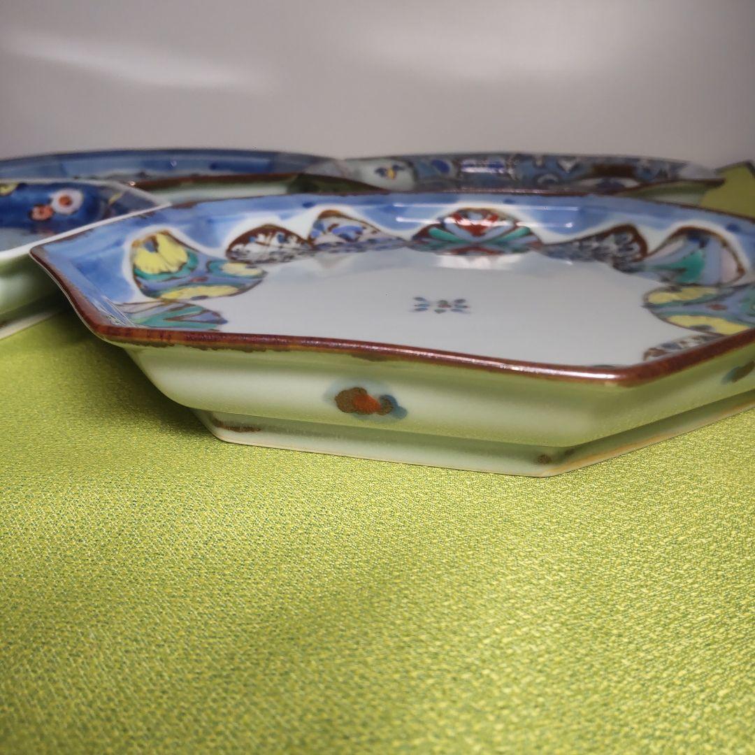 九谷焼 レア 絵変わり 4枚 皿 大皿 八角皿 染付 手描き 花鳥 唐草 色絵