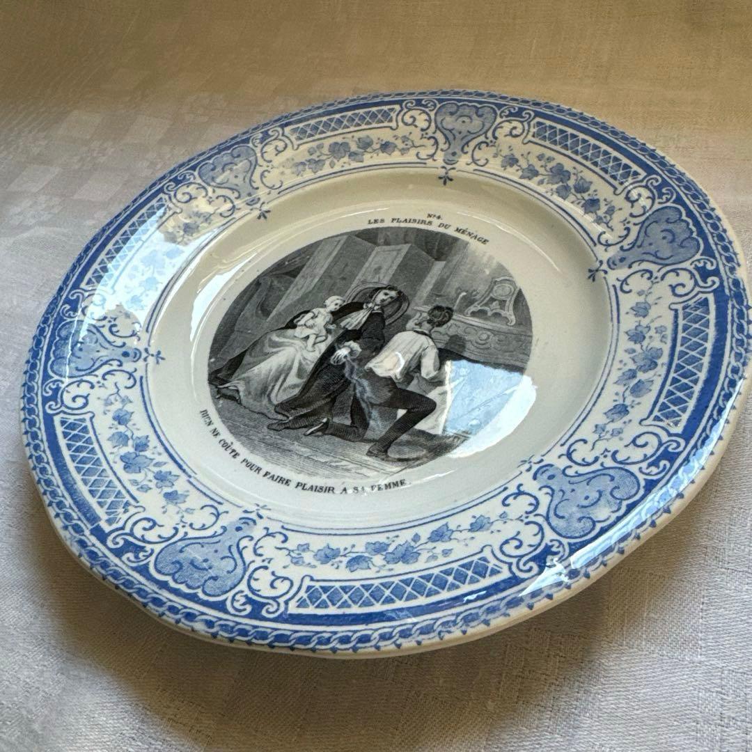 【美品】フランスアンティーク　クレイユエモントロー　グリザイユプレート　平皿