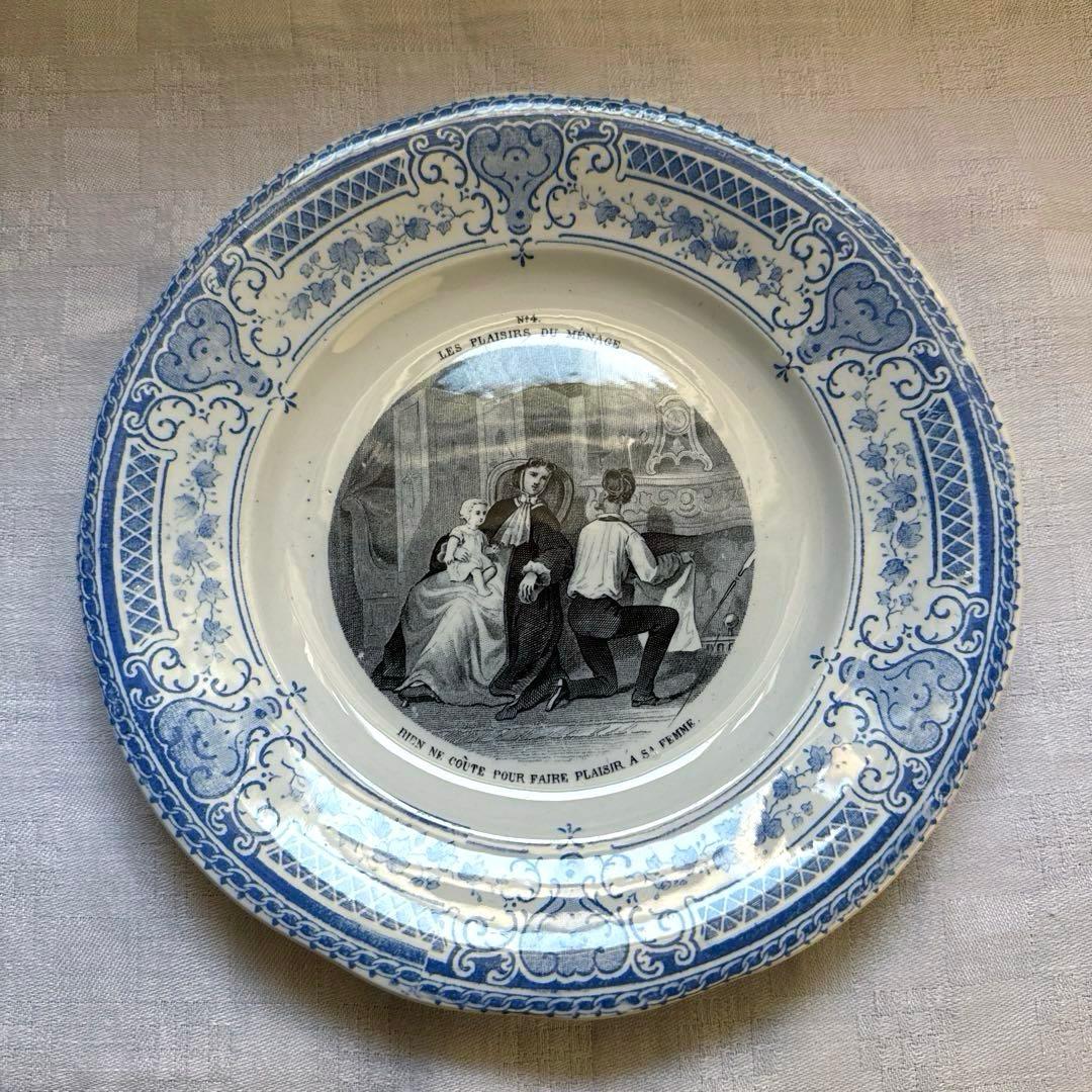 【美品】フランスアンティーク　クレイユエモントロー　グリザイユプレート　平皿