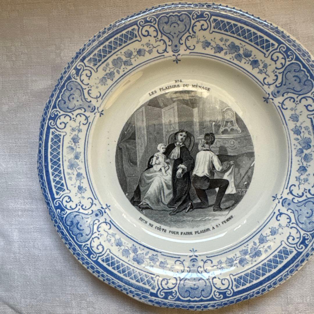 【美品】フランスアンティーク　クレイユエモントロー　グリザイユプレート　平皿