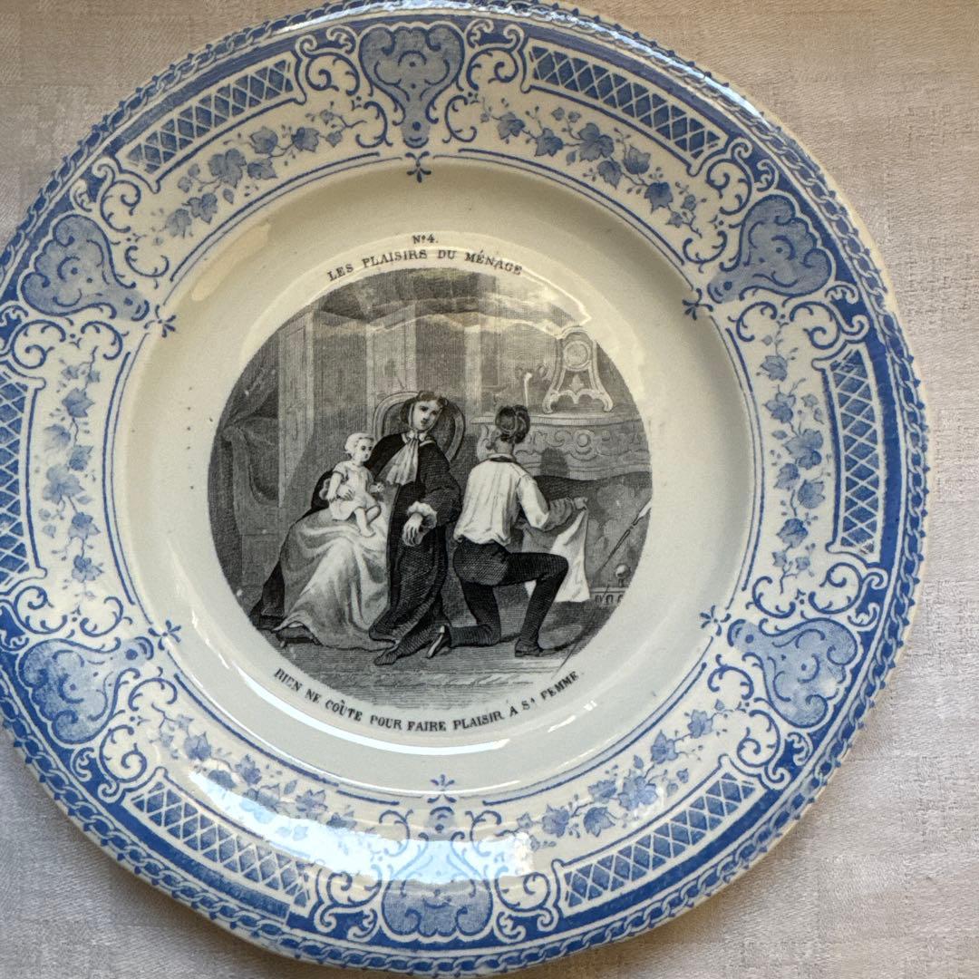 【美品】フランスアンティーク　クレイユエモントロー　グリザイユプレート　平皿