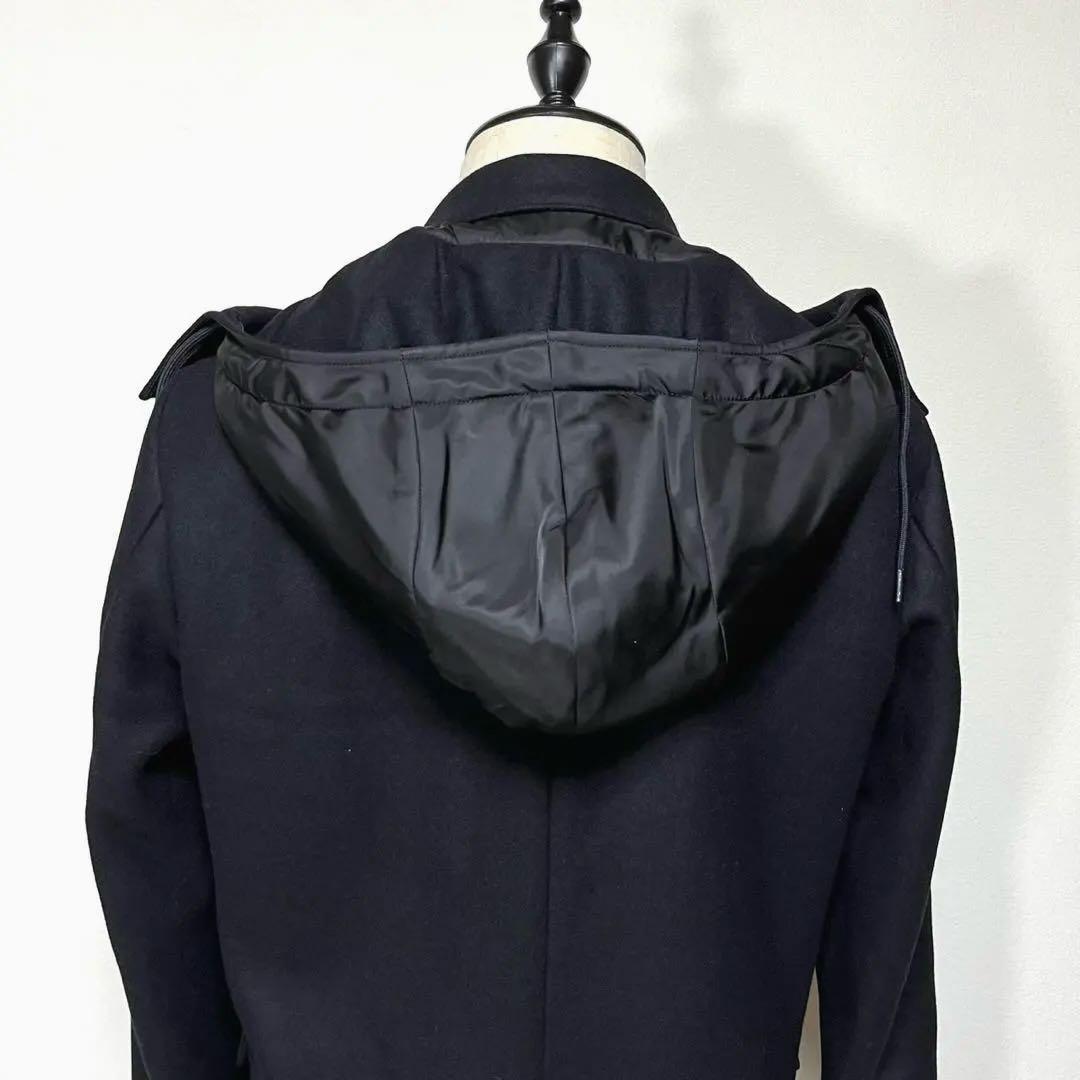 PRADA フーデッドハイブリッドコート 48 ブラックラベル ウール ナイロン