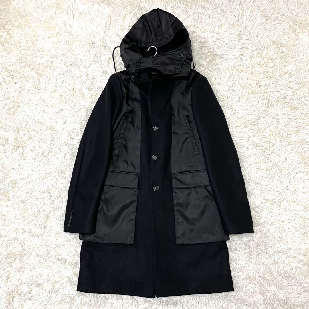 PRADA フーデッドハイブリッドコート 48 ブラックラベル ウール ナイロン