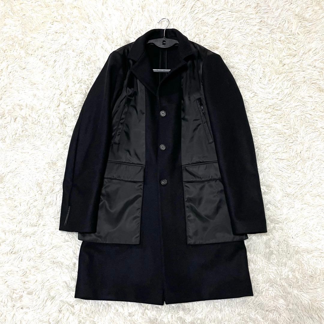 PRADA フーデッドハイブリッドコート 48 ブラックラベル ウール ナイロン