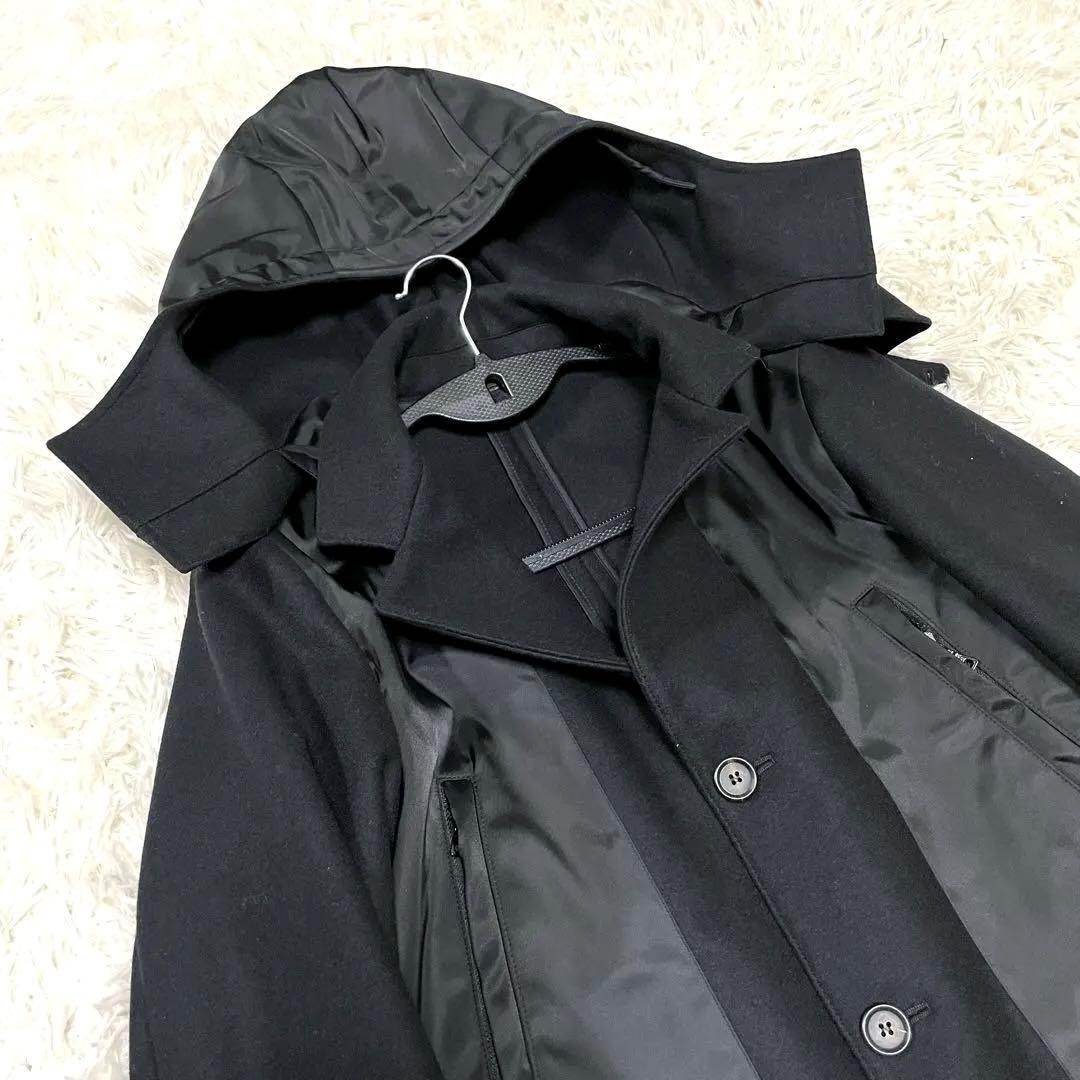 PRADA フーデッドハイブリッドコート 48 ブラックラベル ウール ナイロン