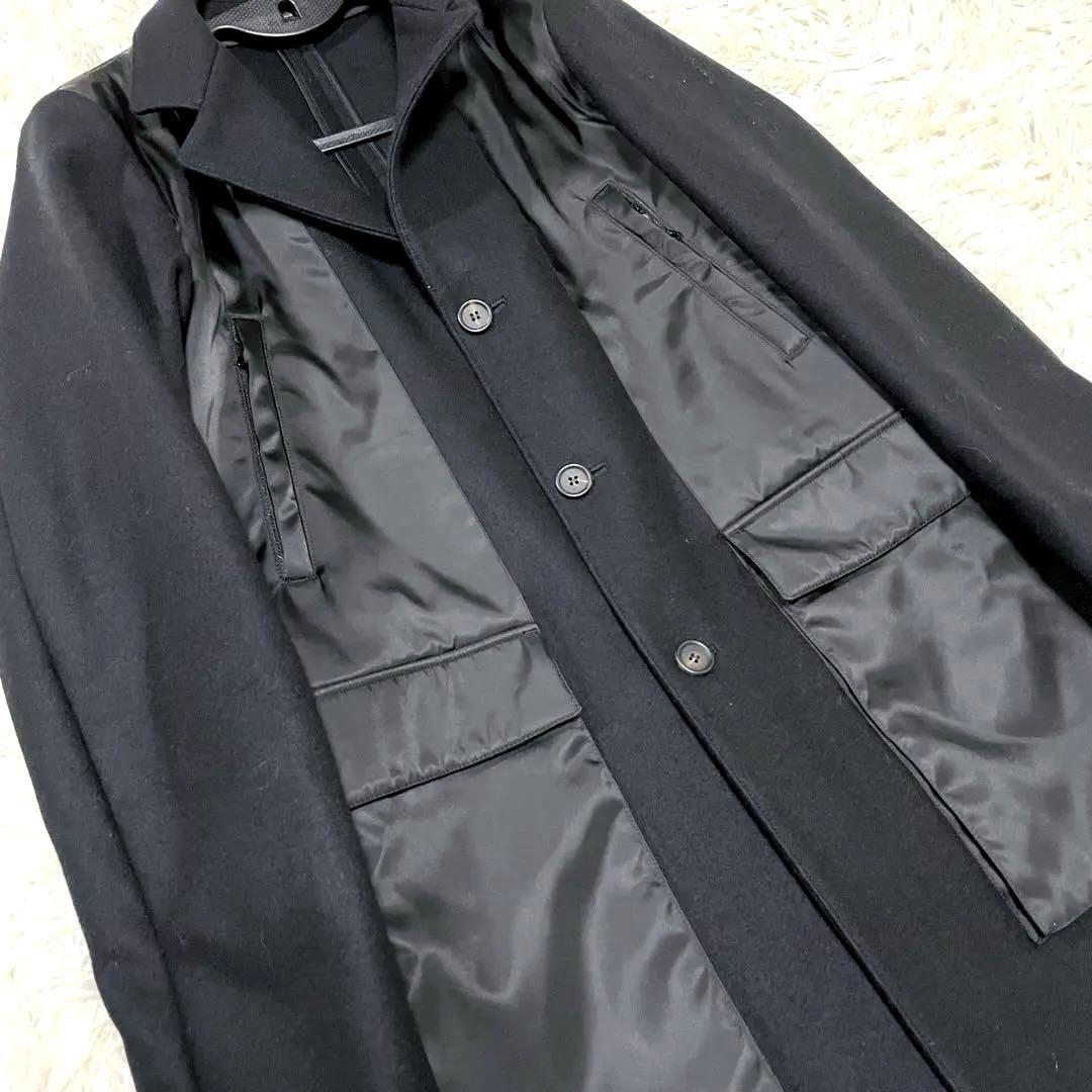 PRADA フーデッドハイブリッドコート 48 ブラックラベル ウール ナイロン