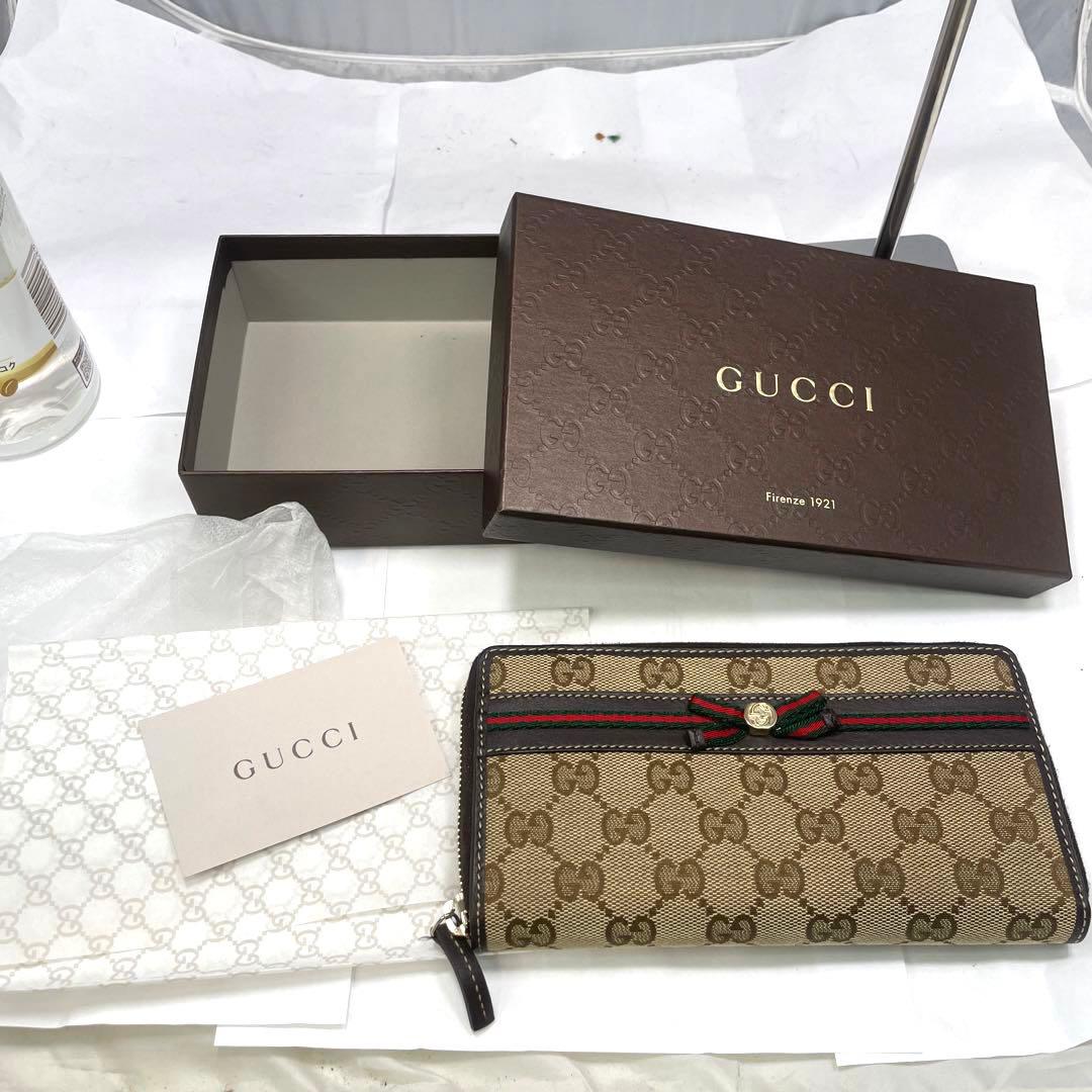 GUCCI グッチ　長財布　シェリーライン　リボン　　GG柄　ラウンドファスナー